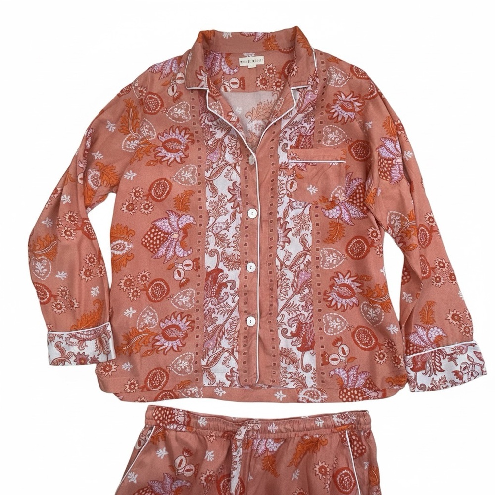 Roller Rabbit Orange Coral Pink Floral Pajama Set Size Medium - Picture 2 of 6